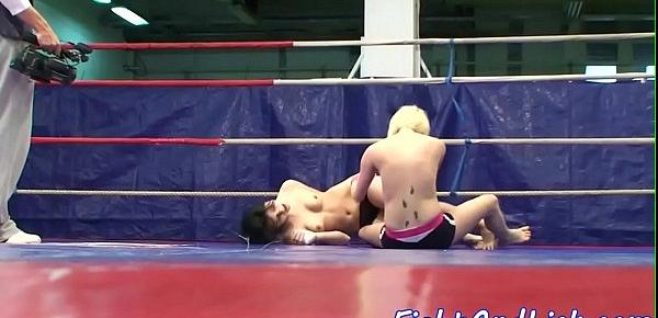  Lesbian babe licks pussy in a boxing ring